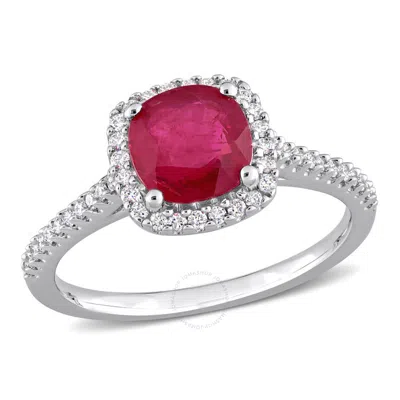 Amour 1 3/8 Ct Tgw Cushion Cut Ruby And 1/4 Ct Tdw Diamond Halo Engagement Ring In 14k White Gold In Metallic