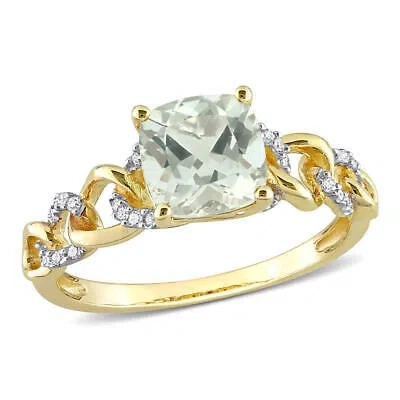 Pre-owned Amour 1 3/8 Ct Tgw Cushion Green Quartz And 1/10 Ct Tw Diamond Link Ring In 10k In Yellow