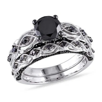 Pre-owned Amour 1 3/8 Ct Tw Black Diamond Bridal Set In 10k White Gold With Black Rhodium