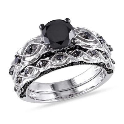 Amour 1 3/8 Ct Tw Black Diamond Bridal Set In 10k White Gold With Black Rhodium In Metallic