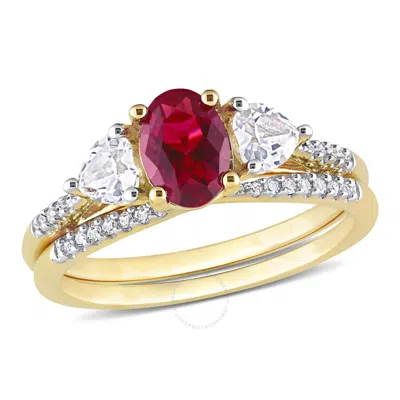 Amour 1 4/5 Ct Tgw Created Ruby Created White Sapphire And 1/10 Ct Tdw Diamond Bridal Ring Set Ring In Yellow