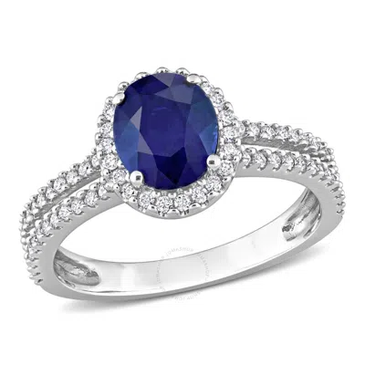 Amour 1 4/5 Ct Tgw Oval Blue Sapphire And 3/8 Ct Tdw Diamond Halo Engagement Ring In 14k White Gold