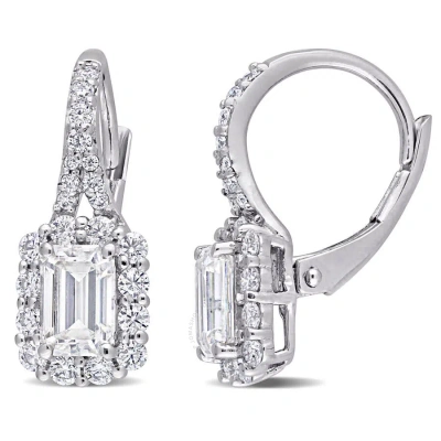 Amour 1 5/8 Ct Dew Created Moissanite Halo Leverback Earrings In Sterling Silver In Metallic