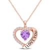 AMOUR AMOUR 1 5/8 CT TGW AMETHYST AND WHITE TOPAZ HEART 'I LOVE YOU' PENDANT WITH CHAIN IN ROSE PLATED STE