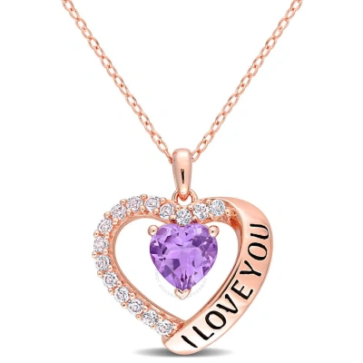 Amour 1 5/8 Ct Tgw Amethyst And White Topaz Heart 'i Love You' Pendant With Chain In Rose Plated Ste In Pink