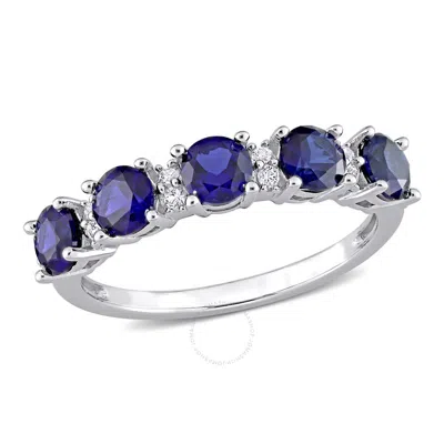 Amour 1 5/8 Ct Tgw Created Blue Sapphire And Created White Sapphire Semi Eternity Ring In Sterling S