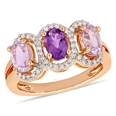 Amour 1 5/8 Ct Tgw Oval-cut African-amethyst & Rose De France And 1/5 Ct Tw Diamond 3-stone Halo Rin In Pink