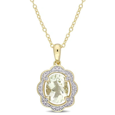 Amour 1 5/8ct Tgw Green Quartz And 1/10ct Tdw Diamond Halo Dangle Pendant With Chain In Yellow Plate In Gold