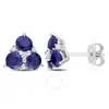Amour 1 7/8 Ct Tgw Created Blue Sapphire And Created White Sapphire 3-stone Earrings In Sterling Sil In White