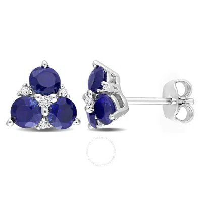 Amour 1 7/8 Ct Tgw Created Blue Sapphire And Created White Sapphire 3-stone Earrings In Sterling Sil