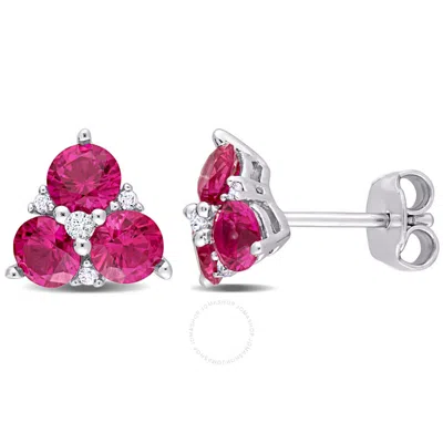 Amour 1 7/8 Ct Tgw Created Ruby And Created White Sapphire 3-stone Earrings In Sterling Silver In Pink