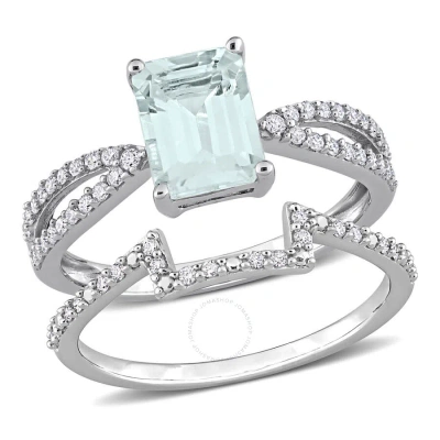 Amour 1 7/8 Ct Tgw Octagon Aquamarine And 1/3 Ct Tdw Diamond Bridal Ring Set In 14k White Gold In Metallic