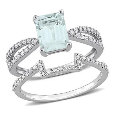 Pre-owned Amour 1 7/8 Ct Tgw Octagon Aquamarine And 1/3 Ct Tdw Diamond Bridal Ring Set In In White