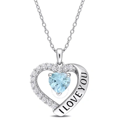 Amour 1 7/8 Ct Tgw Sky Blue Topaz And White Topaz Heart "i Love You In Heart Pendant With Chain In S In Metallic