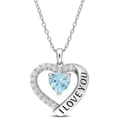 Amour 1 7/8 Ct Tgw Sky Blue Topaz And White Topaz Heart "i Love You In Heart Pendant With Chain In S