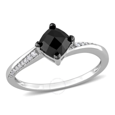 Amour 1 Ct Tdw Black And White Cushion And Round-cut Diamond Engagement Ring In 10k White Gold With