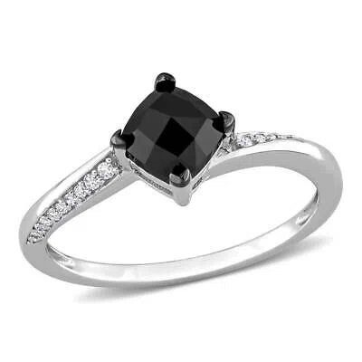 Pre-owned Amour 1 Ct Tdw Black And White Cushion And Round-cut Diamond Engagement Ring In