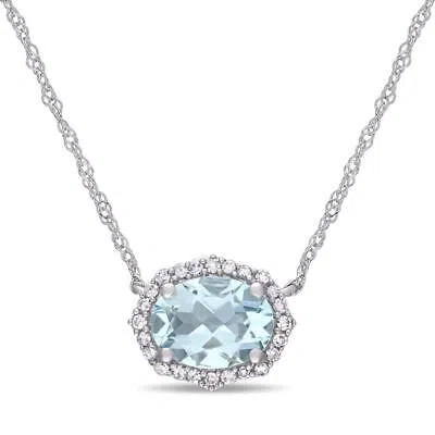 Pre-owned Amour 1 Ct Tgw Aquamarine And 1/10 Ct Tw Diamond Vintage Halo Necklace In 10k In Blue