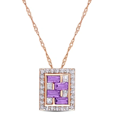 Amour 1 Ct Tgw Baguette African-amethyst And White Topaz Geometric Pendant With Chain In 10k Rose Go In Purple