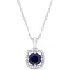AMOUR AMOUR 1 CT TGW CREATED BLUE SAPPHIRE AND 1/10 CT TW DIAMOND HALO SQUARE DROP PENDANT WITH CHAIN IN 1