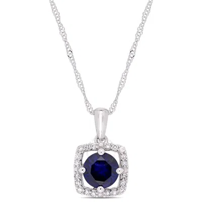 Amour 1 Ct Tgw Created Blue Sapphire And 1/10 Ct Tw Diamond Halo Square Drop Pendant With Chain In 1