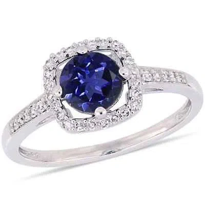 Pre-owned Amour 1 Ct Tgw Created Blue Sapphire And 1/7 Ct Tw Diamond Halo Ring In 10k In Check Description