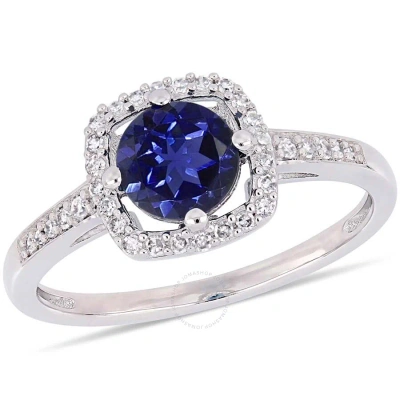 Amour 1 Ct Tgw Created Blue Sapphire And 1/7 Ct Tw Diamond Halo Ring In 10k White Gold In Blue / Gold / Gold Tone / White