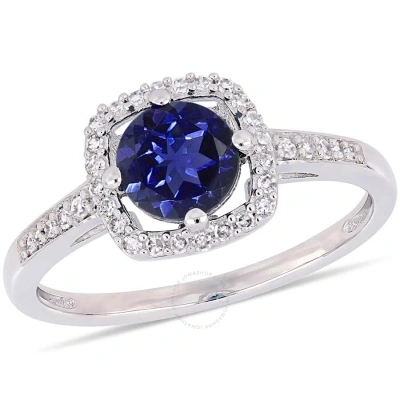 Amour 1 Ct Tgw Created Blue Sapphire And 1/7 Ct Tw Diamond Halo Ring In 10k White Gold In Metallic