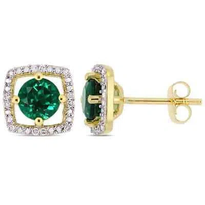 Pre-owned Amour 1 Ct Tgw Created Emerald Diamond Square Stud Earrings In 10k Yellow Gold In Green