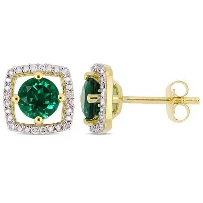 Pre-owned Amour 1 Ct Tgw Created Emerald Diamond Square Stud Earrings In 10k Yellow Gold In Green