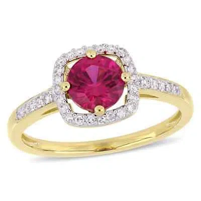 Pre-owned Amour 1 Ct Tgw Created Ruby And 1/7 Ct Tw Diamond Halo Ring In 10k Yellow Gold In Check Description