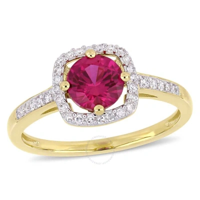 Amour 1 Ct Tgw Created Ruby And 1/7 Ct Tw Diamond Halo Ring In 10k Yellow Gold In Gold / Gold Tone / Ruby / Yellow