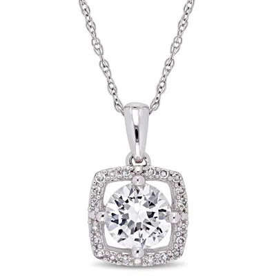 Amour 1 Ct Tgw Created White Sapphire And 1/10 Ct Tw Diamond Square Halo Pendant With Chain In 10k W In Metallic