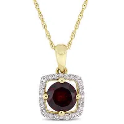 Pre-owned Amour 1 Ct Tgw Garnet And 1/10 Ct Tw Diamond Halo Square Drop Pendant With Chain In Check Description