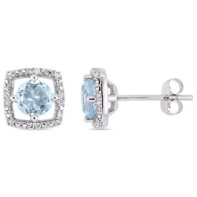 Pre-owned Amour 1 Ct Tgw Sky Blue Topaz And Diamond Halo Square Stud Earrings In 10k White