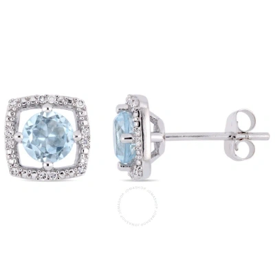 Amour 1 Ct Tgw Sky Blue Topaz And Diamond Halo Square Stud Earrings In 10k White Gold In Metallic