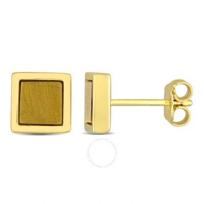 Amour 1 Ct Tgw Tiger Eye Square Stud Earrings In Yellow Plated Sterling Silver In Gold