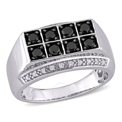 Amour 1 Ct Tw Black And White Diamond Double Row Men's Ring In Two-tone Sterling Silver