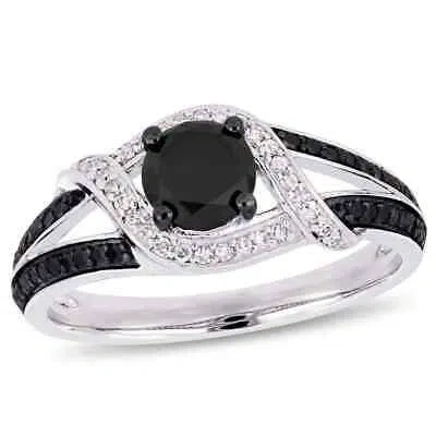 Pre-owned Amour 1 Ct Tw Black And White Diamond Split Shank Engagement Ring In 10k White