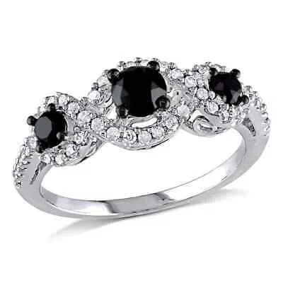 Pre-owned Amour 1 Ct Tw Black And White Halo 3-stone Diamond Engagement Ring In 10k White