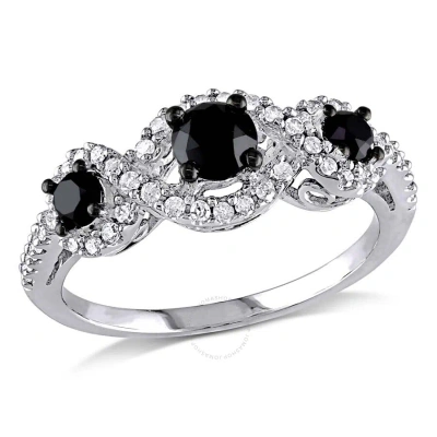 Amour 1 Ct Tw Black And White Halo 3-stone Diamond Engagement Ring In 10k White Gold In Black / Gold / White
