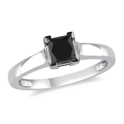 Pre-owned Amour 1 Ct Tw Black Princess Cut Diamond Solitaire Engagement Ring In 10k White