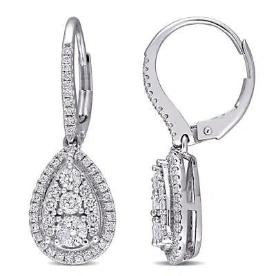 Pre-owned Amour 1 Ct Tw Diamond Composite Pear Shape Halo Leverback Earrings In 10k White