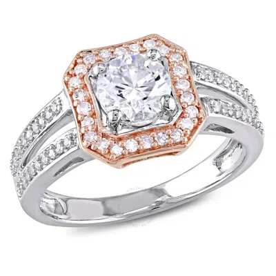 Amour 1 Ct Tw Diamond Halo Split Shank Engagement Ring In 2-tone Rose And White 14k Gold In Neutral