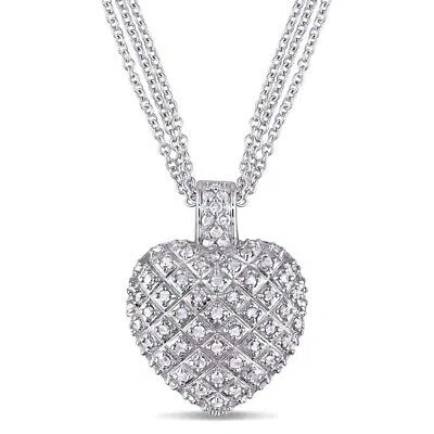 Pre-owned Amour 1 Ct Tw Diamond Heart Pendant With Triple Chain In Sterling Silver