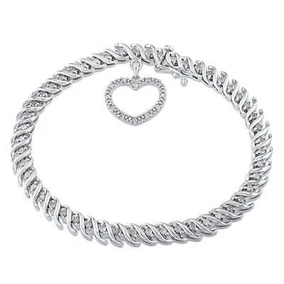 Pre-owned Amour 1 Ct Tw Diamond Tennis Bracelet With Heart Charm In Sterling Silver In White