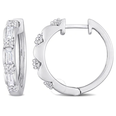 Amour 1 Ct Tw Parallel Baguette And Round-cut Diamond Vintage Hoop Earrings In Platinum In White