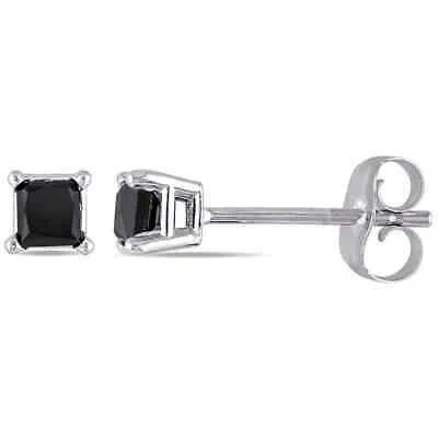Pre-owned Amour 1 Ct Tw Princess Cut Black Diamond Stud Earrings In 10k White Gold