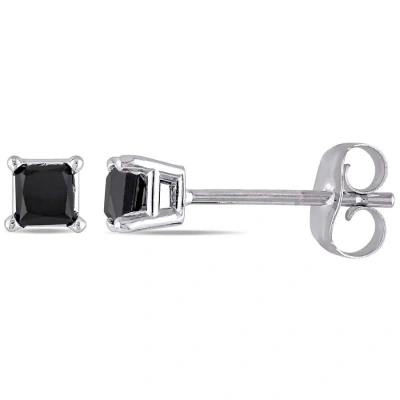 Amour 1 Ct Tw Princess Cut Black Diamond Stud Earrings In 10k White Gold In Metallic