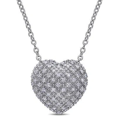 Pre-owned Amour 1 Ct Tw Round-cut Diamond Clustered Heart Necklace In Sterling Silver In White